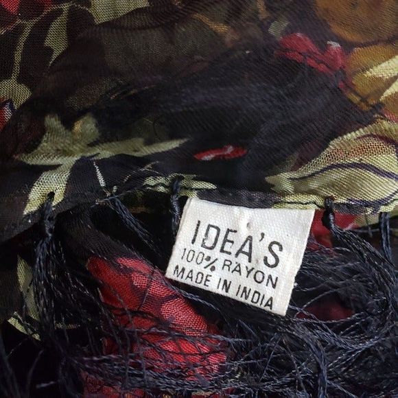 Vintage Beautiful Boho Red Rose Sheer Black Fringe Scarf Rayon Womens 40x37 - Picture 10 of 10